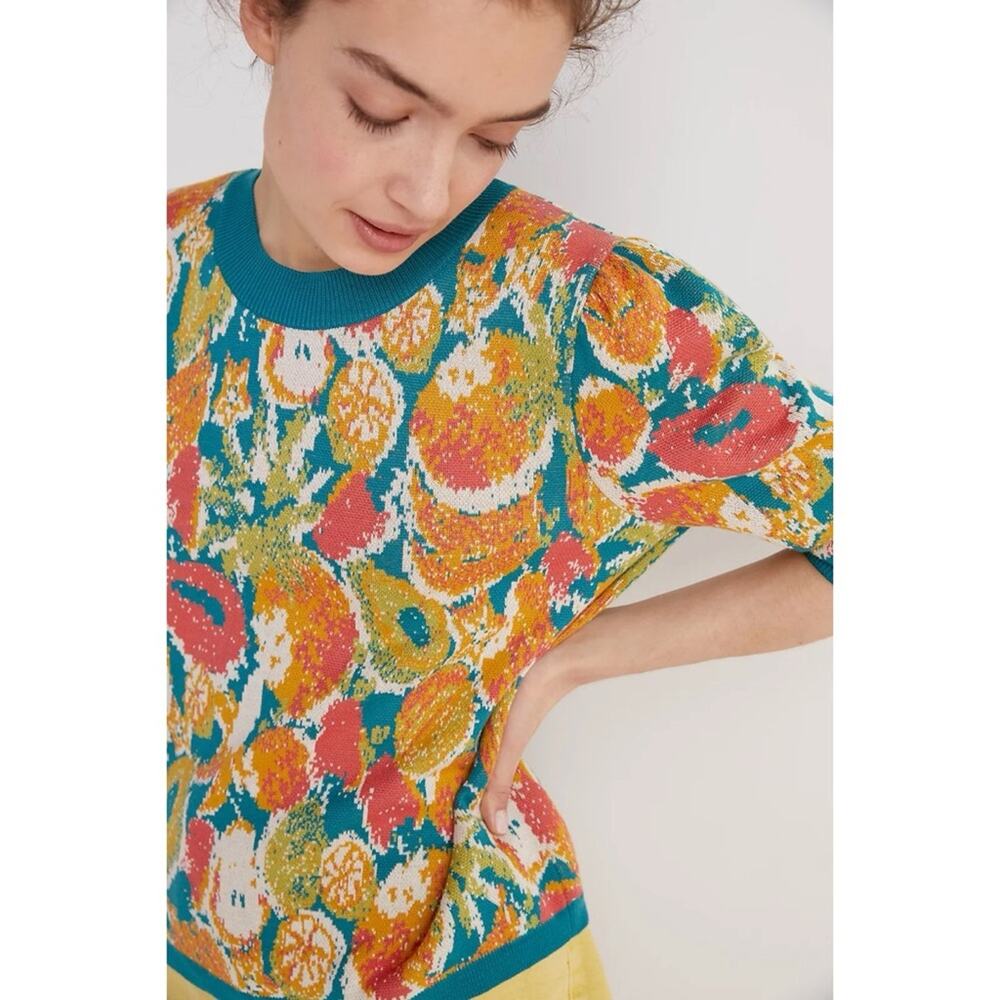 Anthropologie Farm Rio Fruits Sweater teal green orange 100% organic cotton - Picture 2 of 7